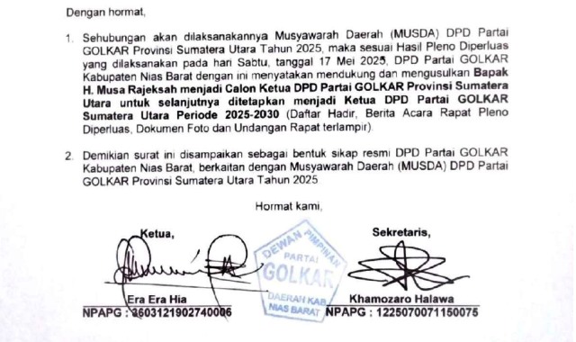 Isi surat yang disampaikan DPD Partai Golkar Kabupaten Nias Barat ke DPD Partai Golkar Provinsi Sumatera Utara. ISTIMEWA/BALUSENIAS.COM